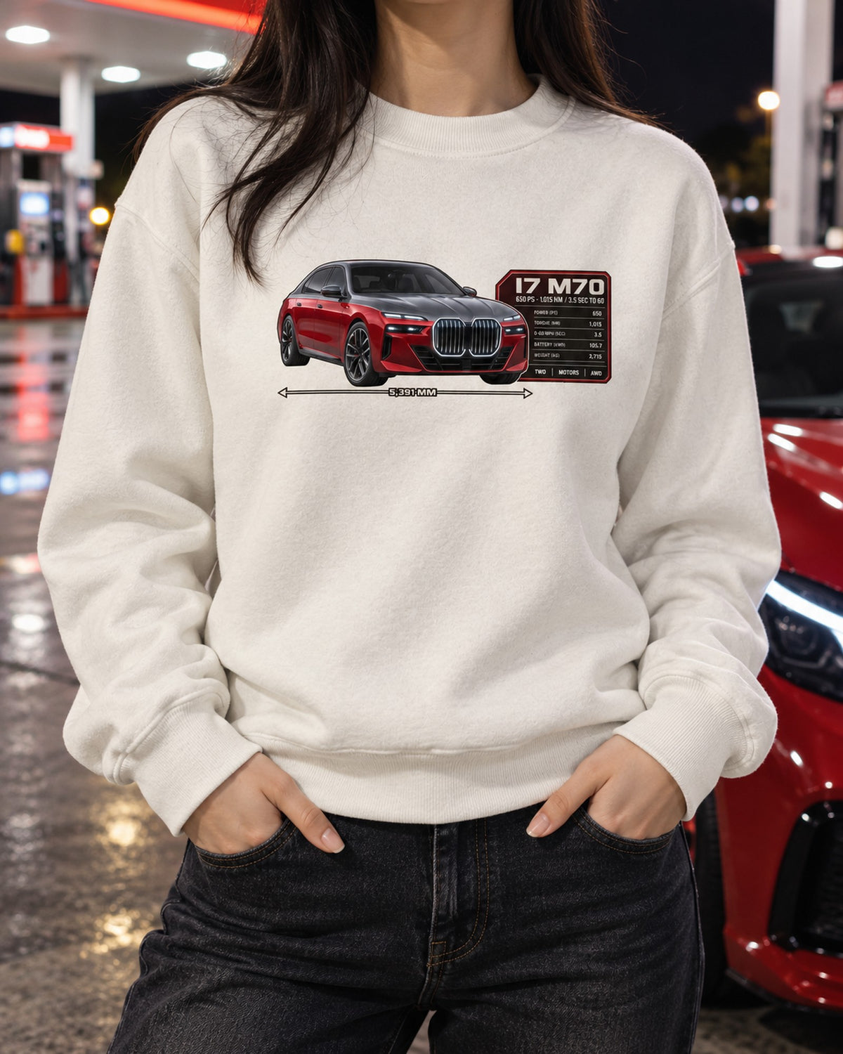 BMW i7 M70 xDrive G70 Spec Poster Shirt, 650 PS Print Crewneck White worn hero