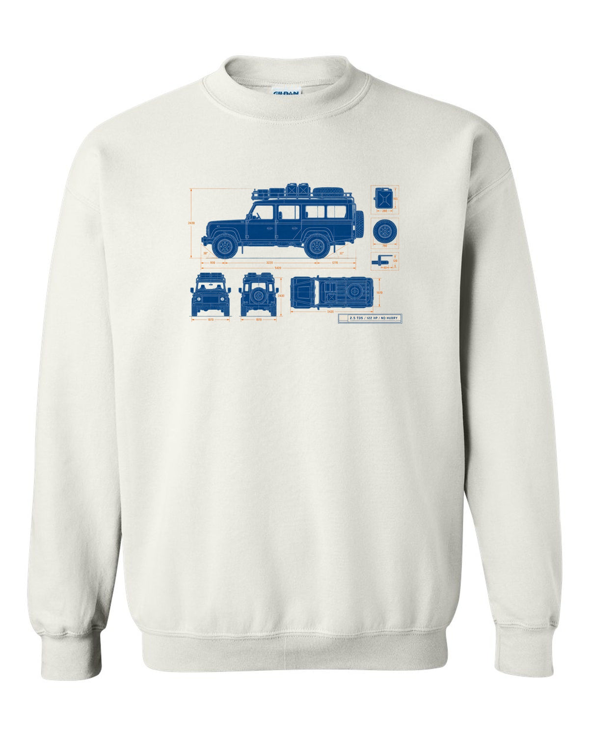Blueprint line drawing print of a Land Rover Defender 110 Td5 with roof rack and 2.5 TD5 text white crewneck front view with the design