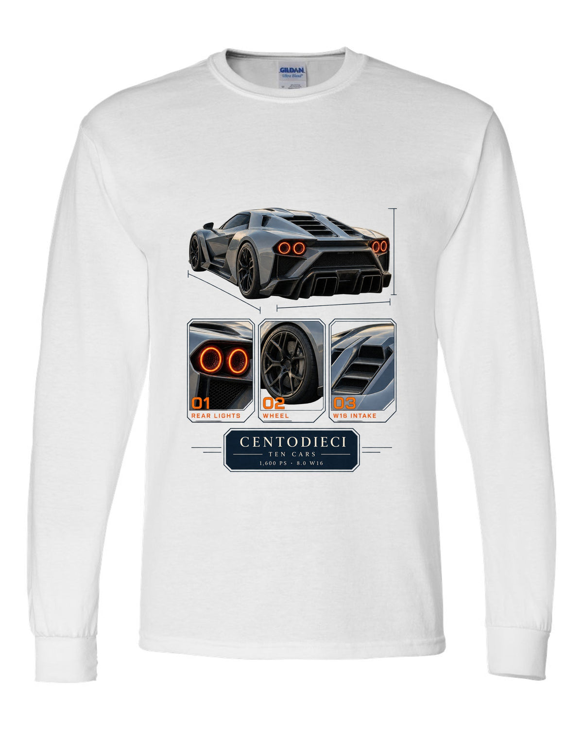 Dossier panel layout of the Bugatti Centodieci with ten-car text, print white long sleeve front view with the design