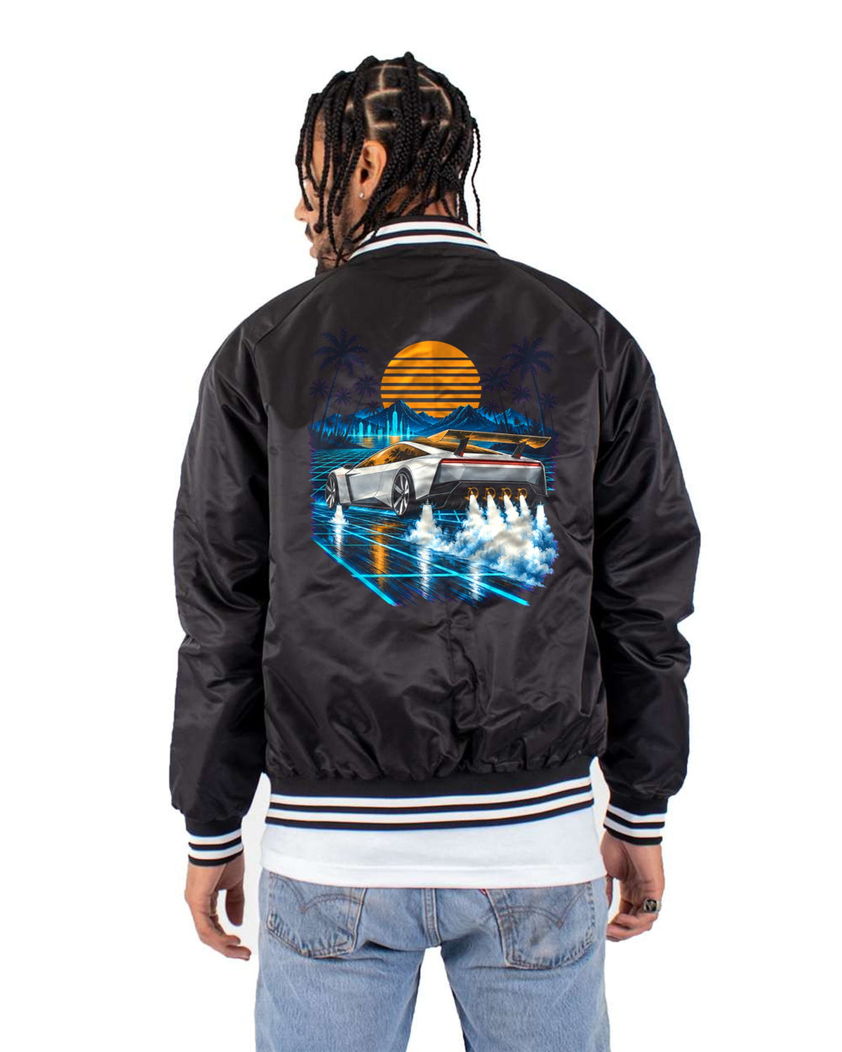 Tesla Roadster Synthwave Shirt, Hoodie & More Bomber Jacket Black back