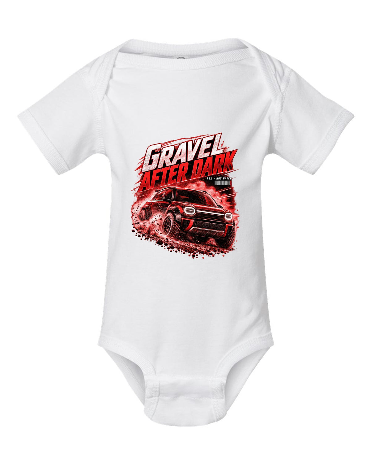 Rivian R3X hot ch with rally flares on a gravel road at night white baby onesie front view with the design