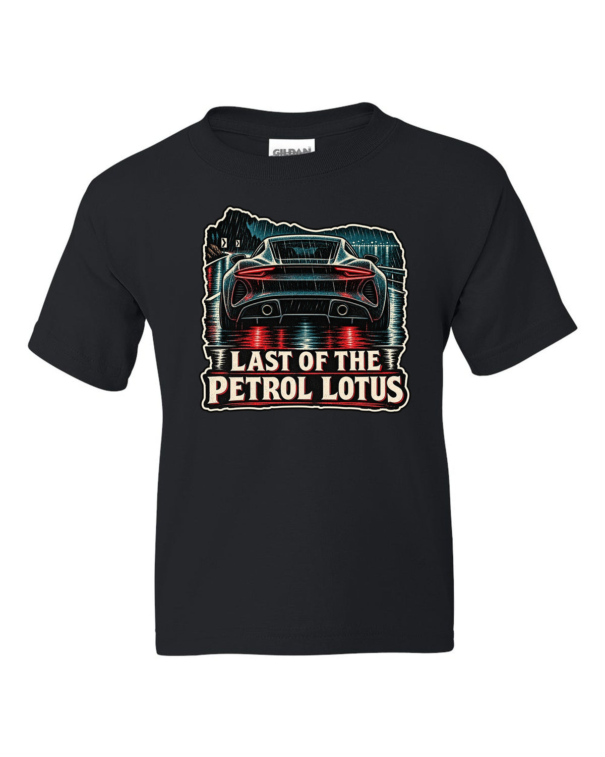 Lotus Emira in linocut woodcut style with LAST OF THE PETROL LOTUS lettering black kids tee front view with the design