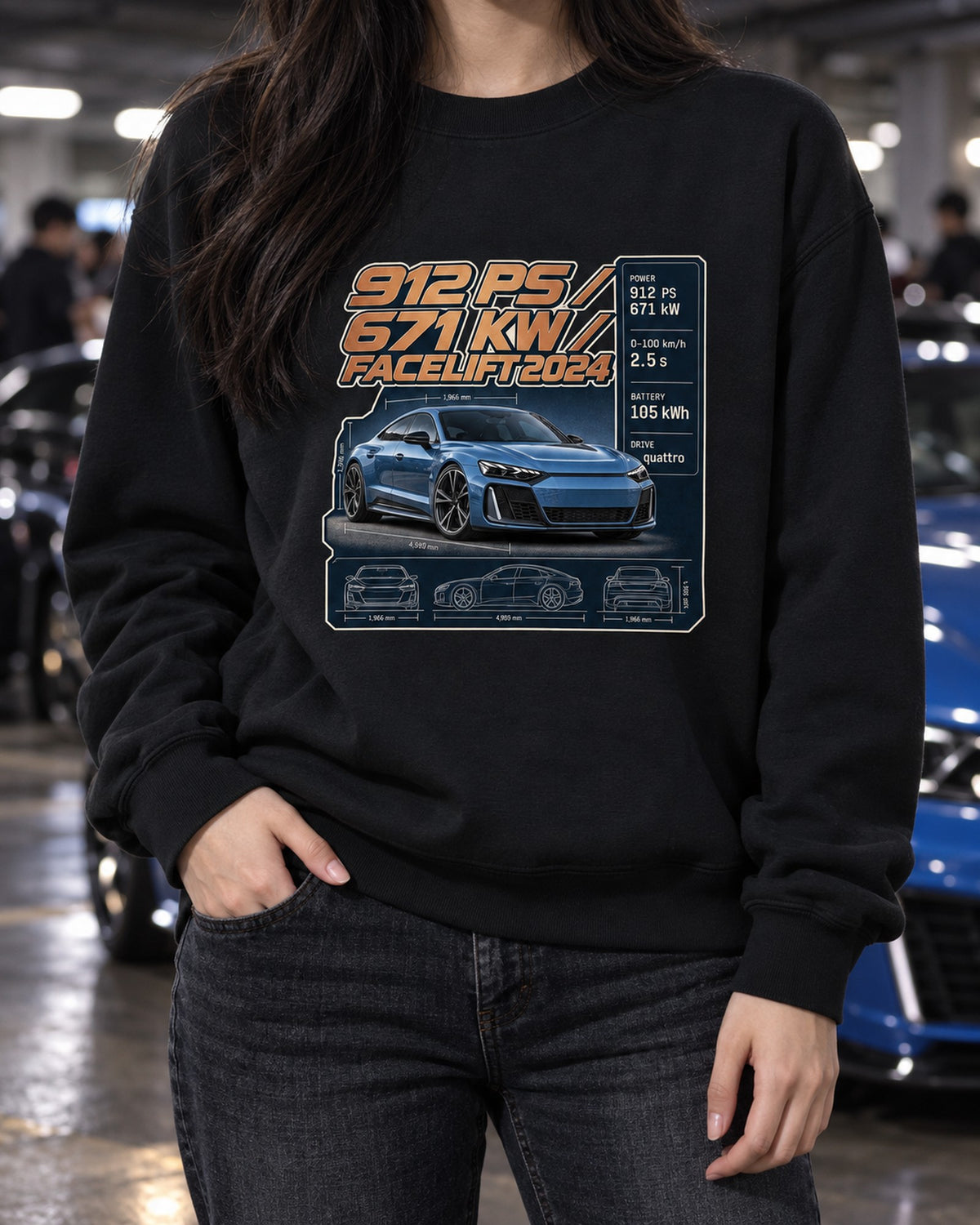 Audi RS e-tron GT Performance Facelift Spec Poster Tee, 912 PS Crewneck Black worn hero
