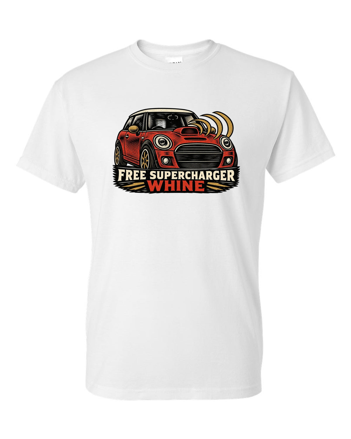Linocut woodcut print of a Mini Cooper S R53 with the words free supercharger whine white t-shirt front view with the design