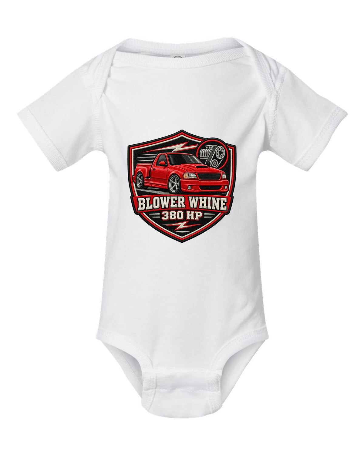 Ford F-150 SVT Lightning 1999-2004 in an embroidered varsity crest print white baby onesie front view with the design