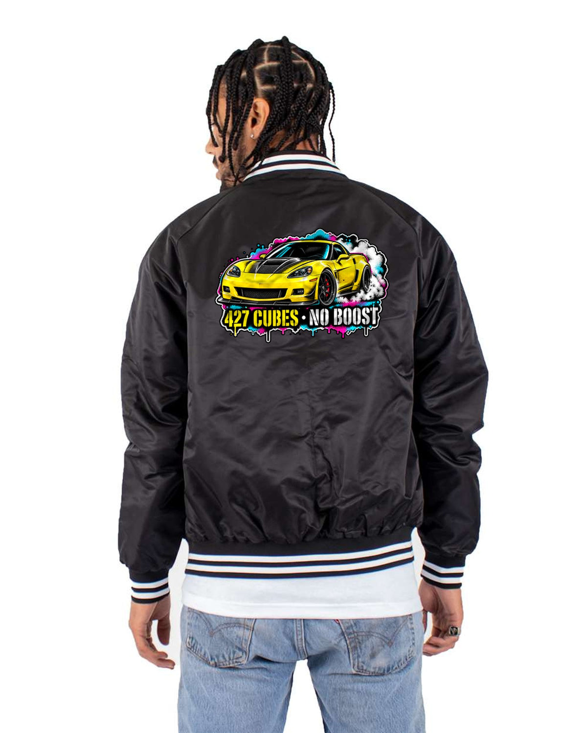 Corvette C6 Z06 Stencil Street Art Shirt, 427 No Boost Bomber Jacket Black back