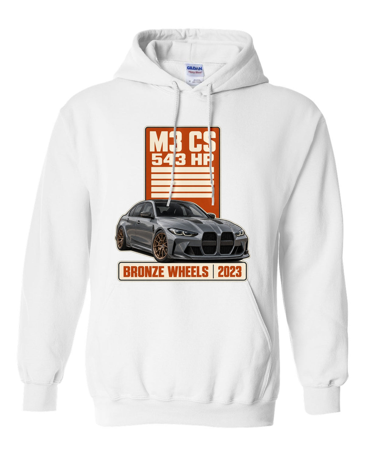 BMW M3 CS G80 spec poster print with 543 hp and bronze wheels text white pull over hoodie front view with the design