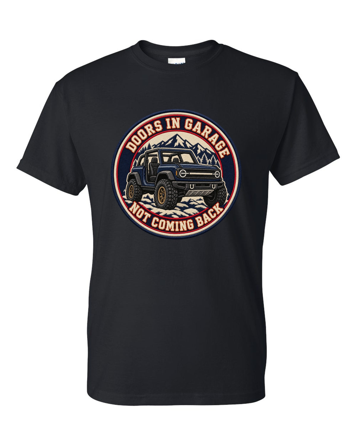 Embroidery-style varsity crest of a 2021 Ford Bronco with doors and roof off at the beach black t-shirt front view with the design
