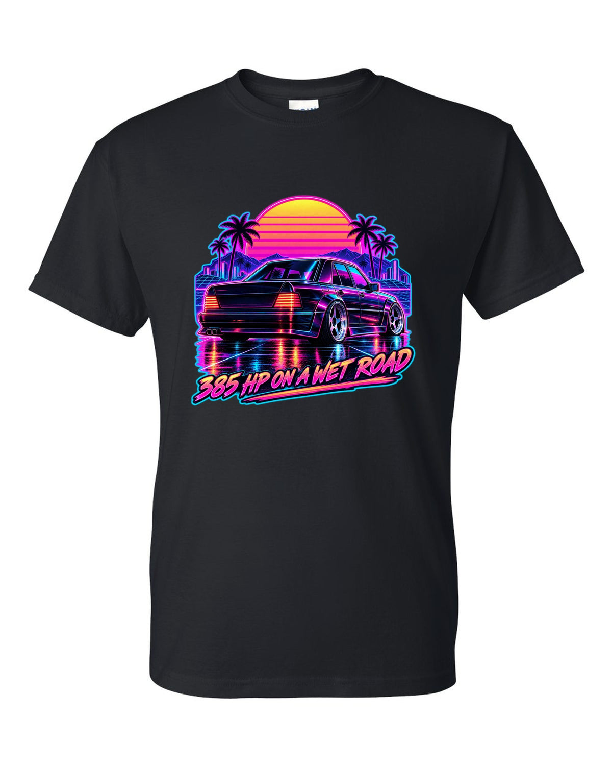 Synthwave outrun print of Mercedes 300E Hammer W124 taillights on a wet road black t-shirt front view with the design