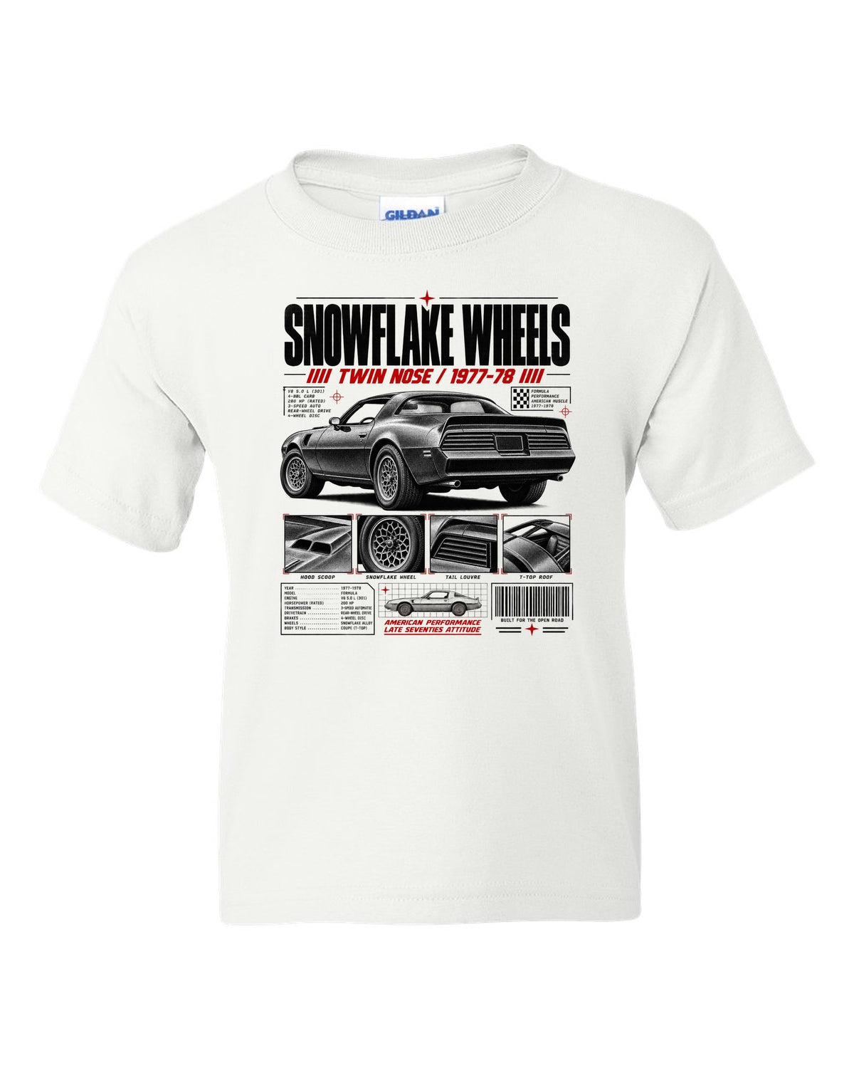 print dossier panels of a 1978 Pontiac Firebird Formula with snowflake wheels white kids tee front view with the design