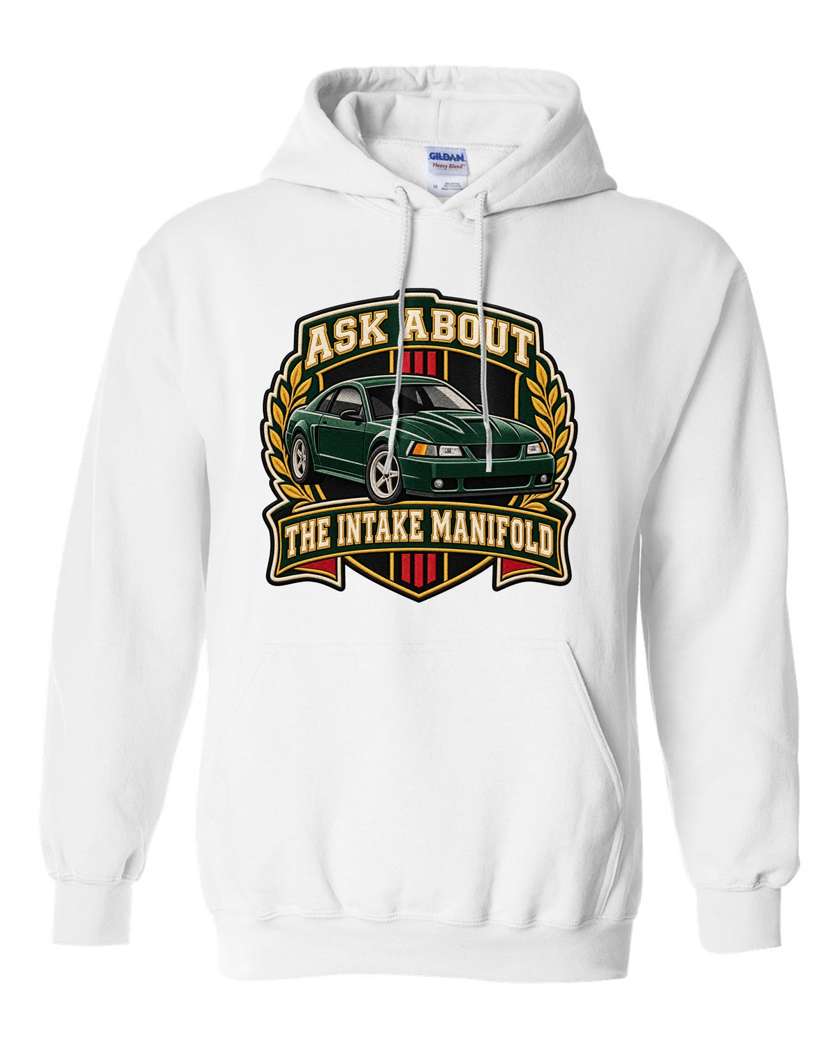 Varsity crest of a Ford Mustang New Edge coupe with intake manifold text white pull over hoodie front view with the design