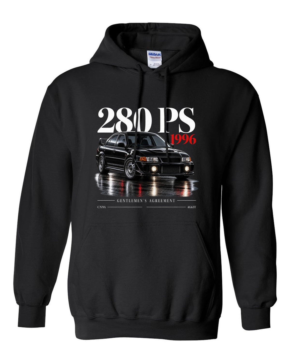 Editorial headline print for the Mitsubishi Lancer Evolution IV CN9A reading 280 PS, 1996, Gentlemen's Agreement, 4G63T black pull over hoodie front view with the design