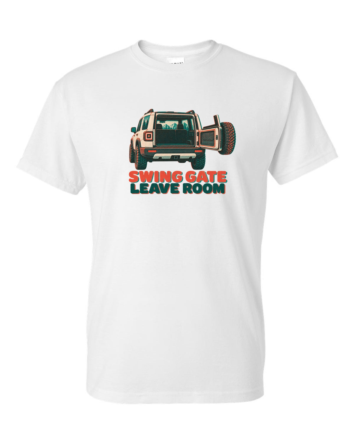 Risograph-style rear view of a Land Rover Defender L663 110 with spare wheel on the swing gate white t-shirt front view with the design