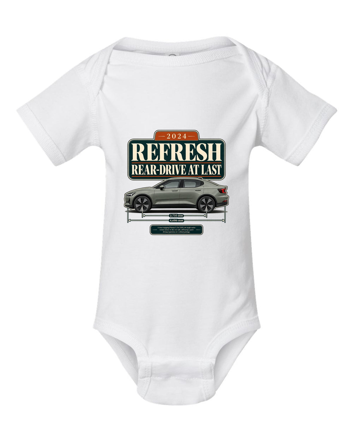 Polestar 2 2024 refresh editorial headline print on a shirt white baby onesie front view with the design