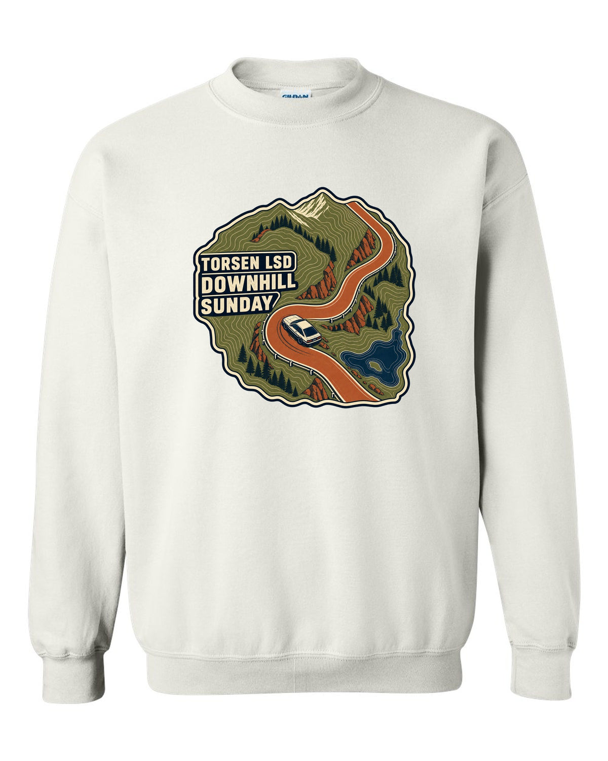Topographic route map print for a Hyundai Genesis Coupe BK2 with Torsen LSD downhill Sunday text white crewneck front view with the design