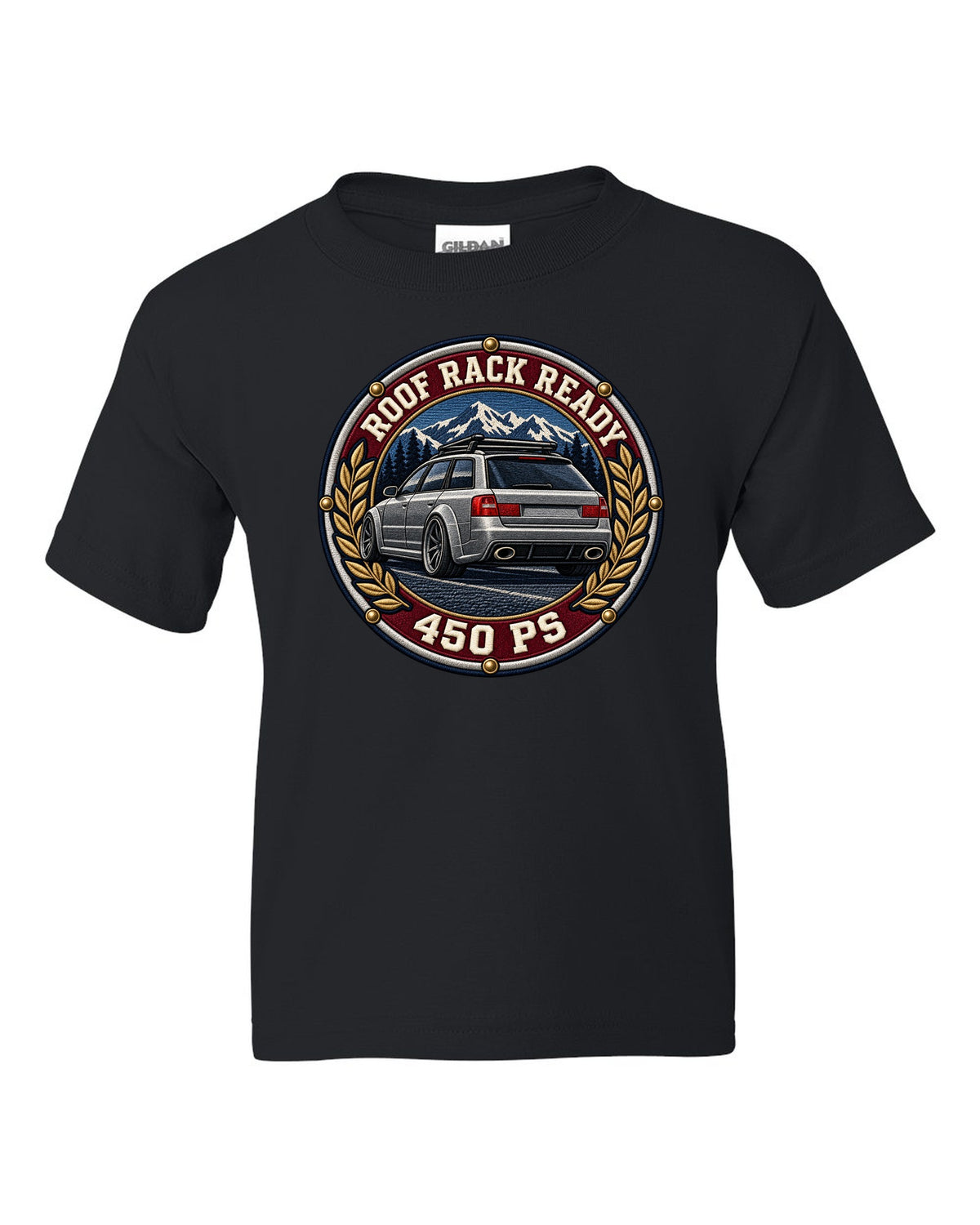 Varsity crest style print of a flared Audi RS6 Avant C5 with Roof Rack Ready text black kids tee front view with the design