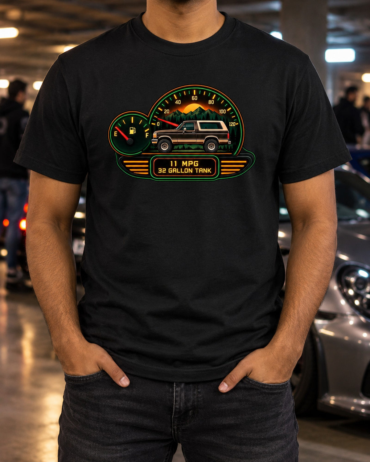 1987-91 Ford Bronco Brick-Nose Cockpit Gauge Cluster HUD Tee T-Shirt Black worn hero