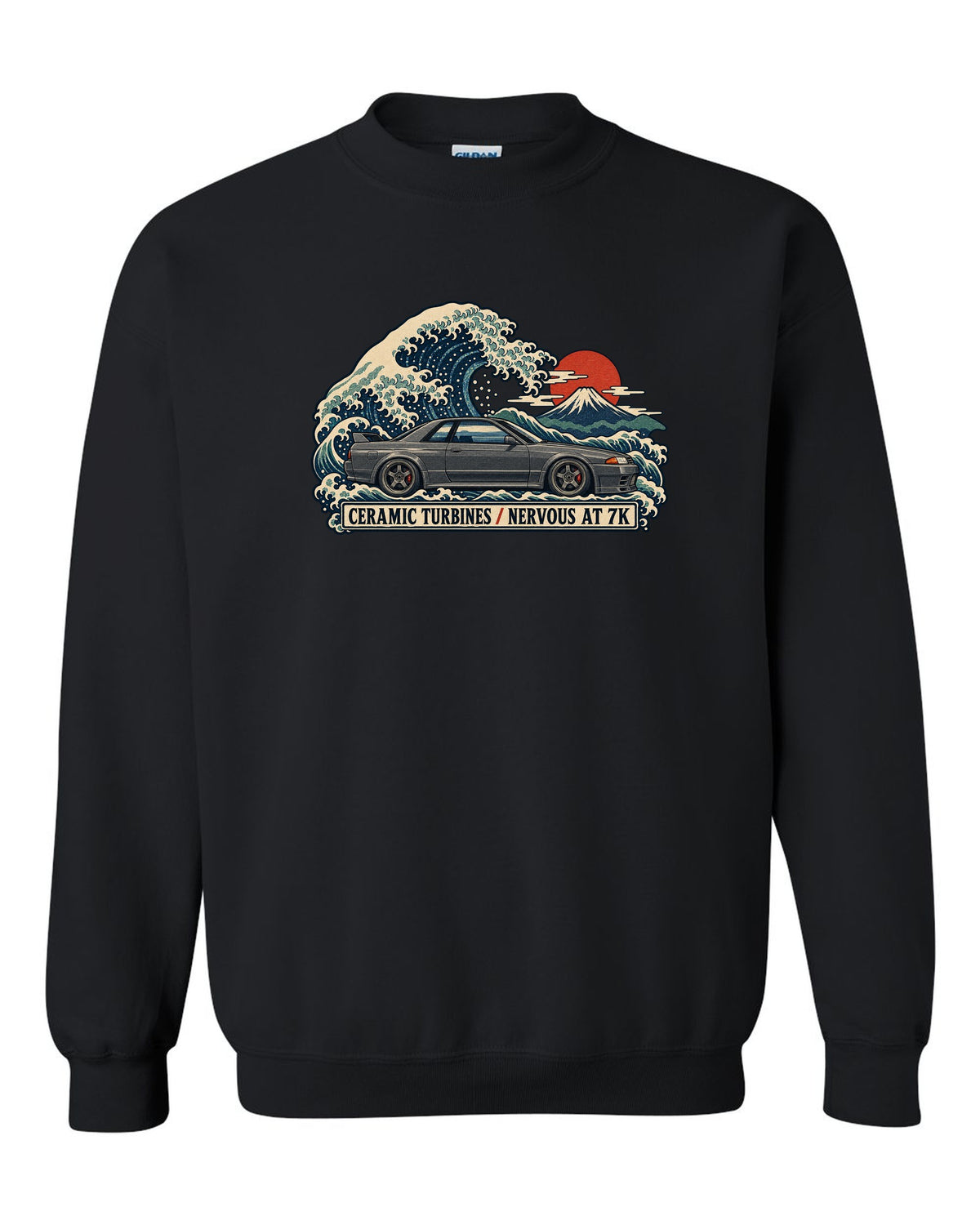 Ukiyo-e woodblock print of a gun grey Nissan Skyline GT-R R32 BNR32 on a wave black crewneck front view with the design