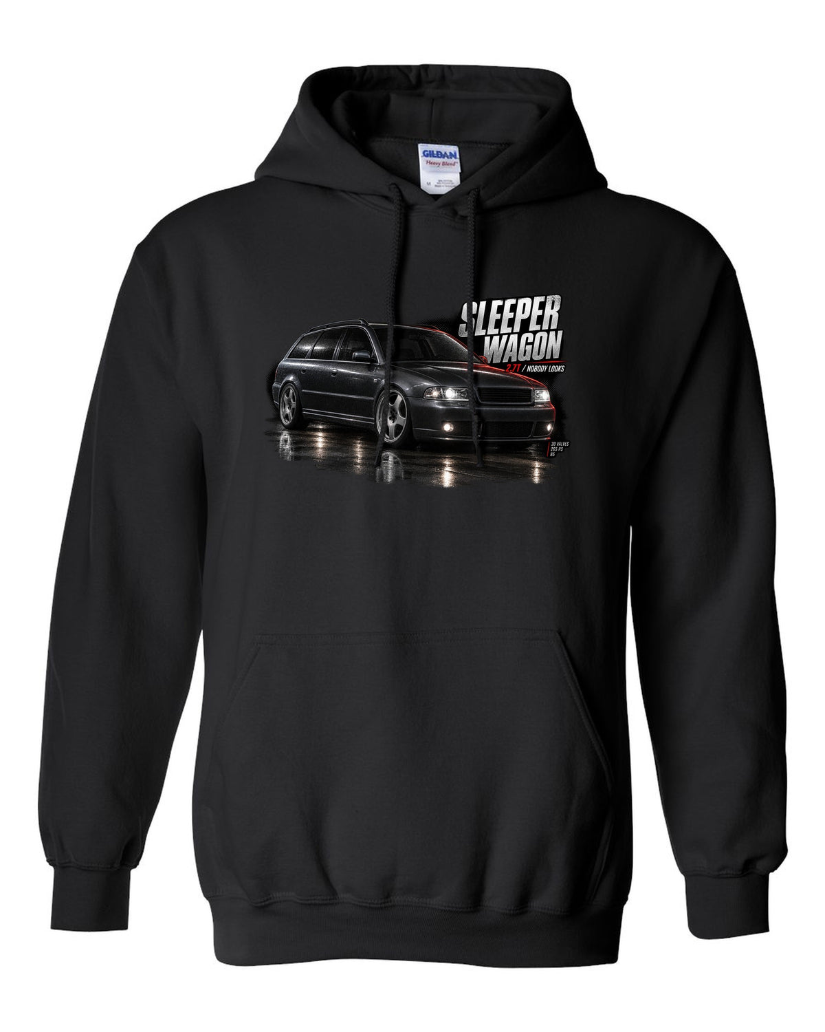 Audi S4 B5 Avant front three-quarter in garage with sleeper wagon 2.7T text black pull over hoodie front view with the design