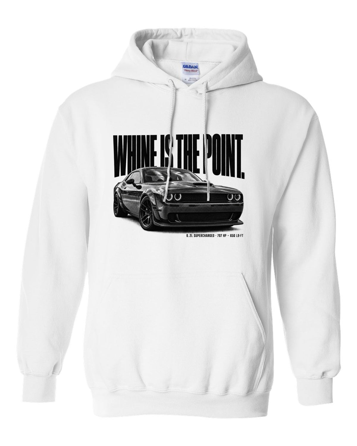 Halftone statement print of a 2018 Dodge Challenger Hellcat with whine is the point text white pull over hoodie front view with the design