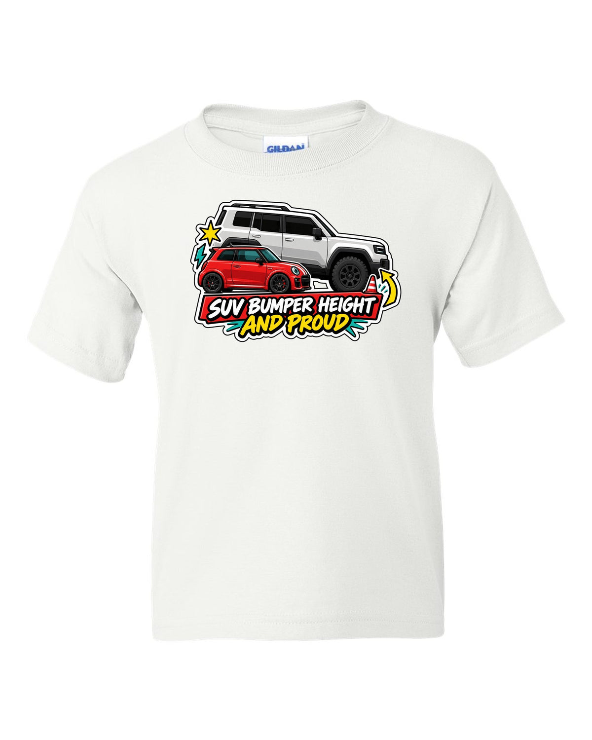 Sticker-bomb collage of a Fiat 500 Abarth with SUV bumper height joke white kids tee front view with the design