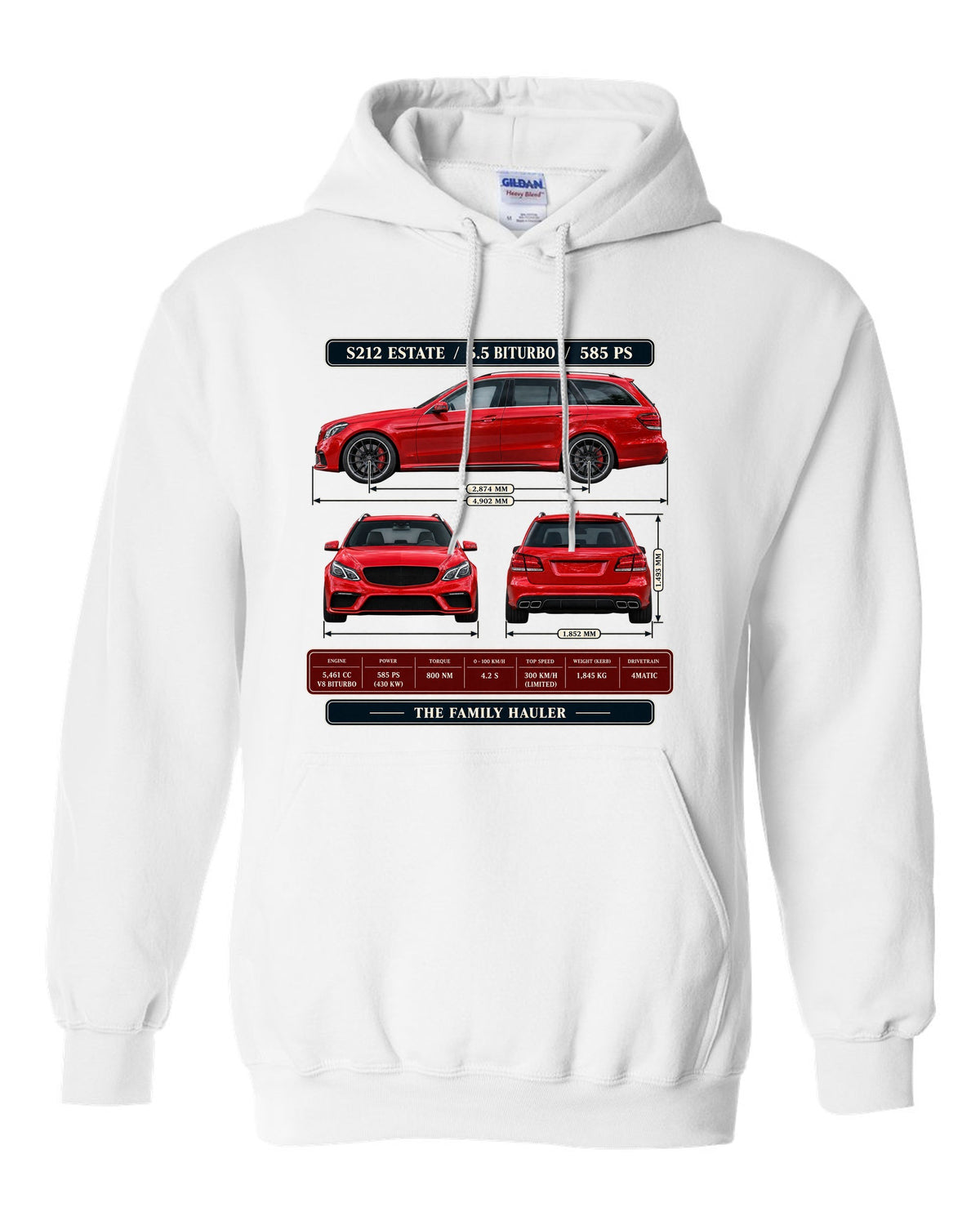 Three-view and spec table print of a signal red Mercedes-AMG E63 S S212 estate white pull over hoodie front view with the design
