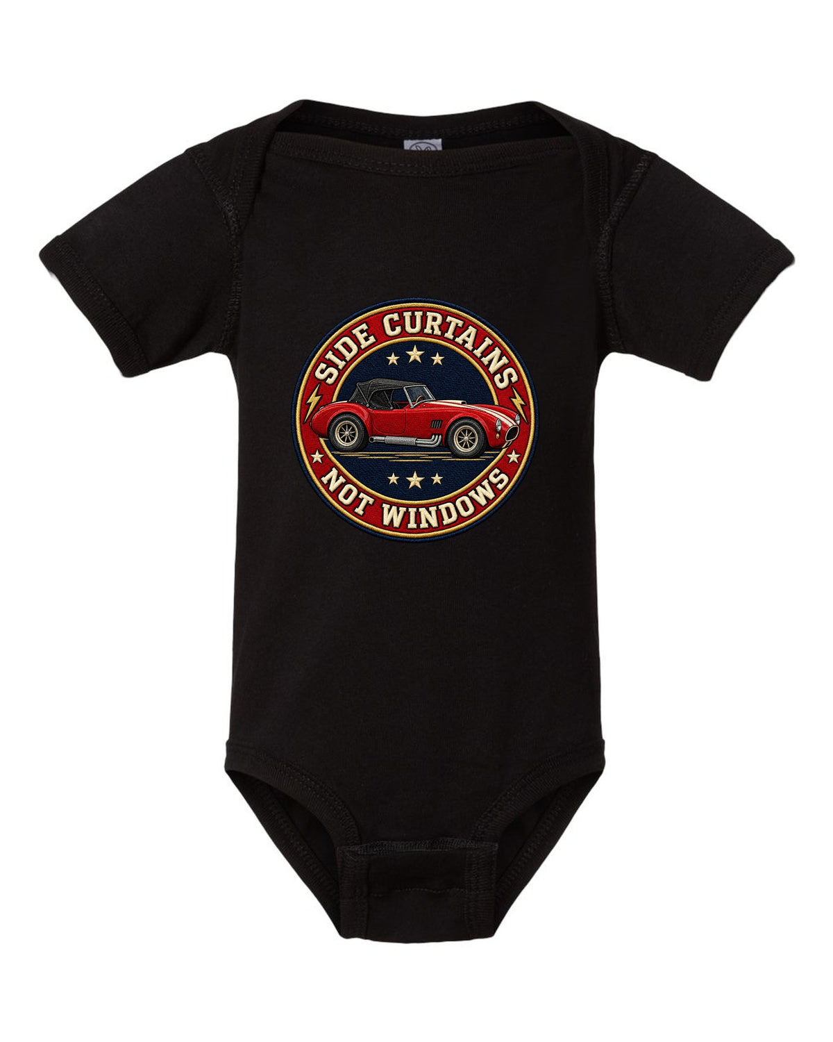 Embroidery-style varsity crest design with a 1992 Dodge Viper RT/10 SR I black baby onesie front view with the design