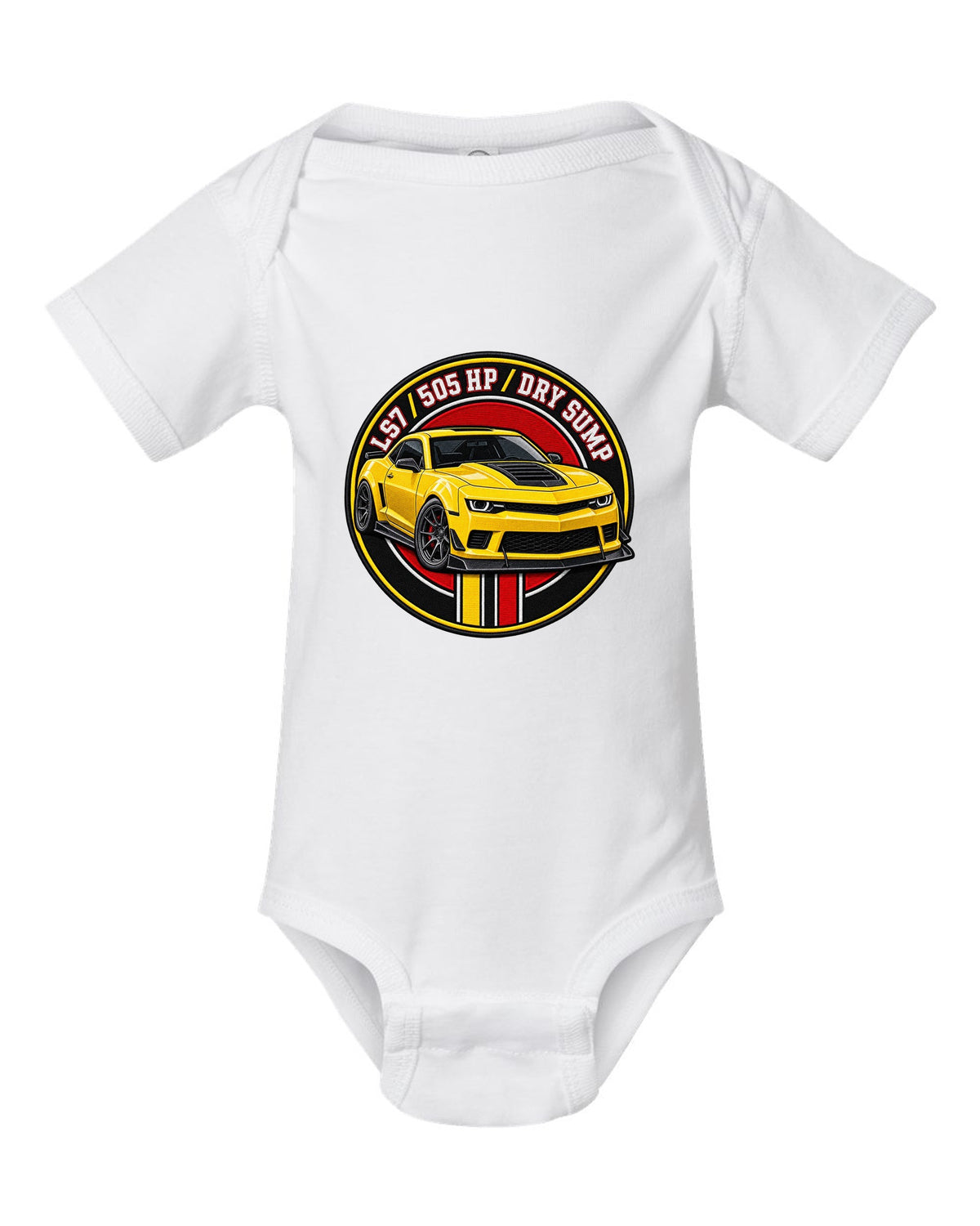 2014 Camaro Z/28 in a varsity crest design with text LS7 505 HP Dry Sump white baby onesie front view with the design