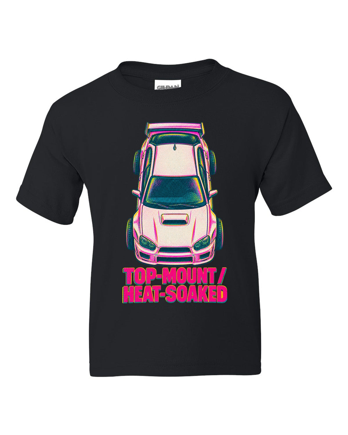 Risograph top view of a Subaru Impreza WRX GDB Blobeye with heat-soaked text black kids tee front view with the design