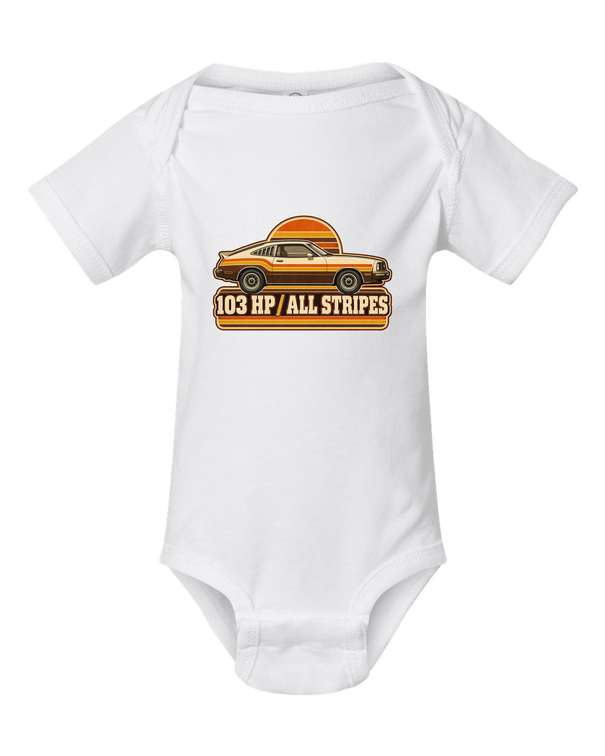 Vintage 70s race poster print of a 1976 Ford Mustang II fastback with stripes white baby onesie front view with the design