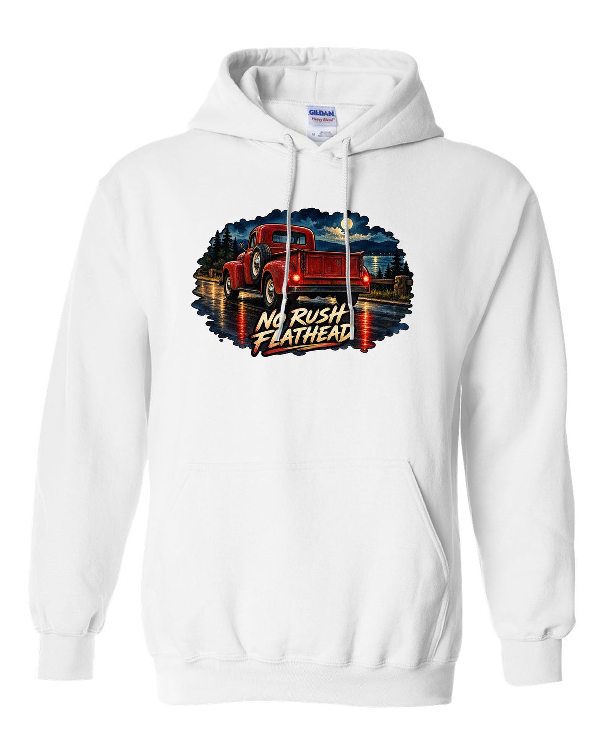Watercolour wet-road night print of a red Dodge Power Wagon WM300 flat fender white pull over hoodie front view with the design