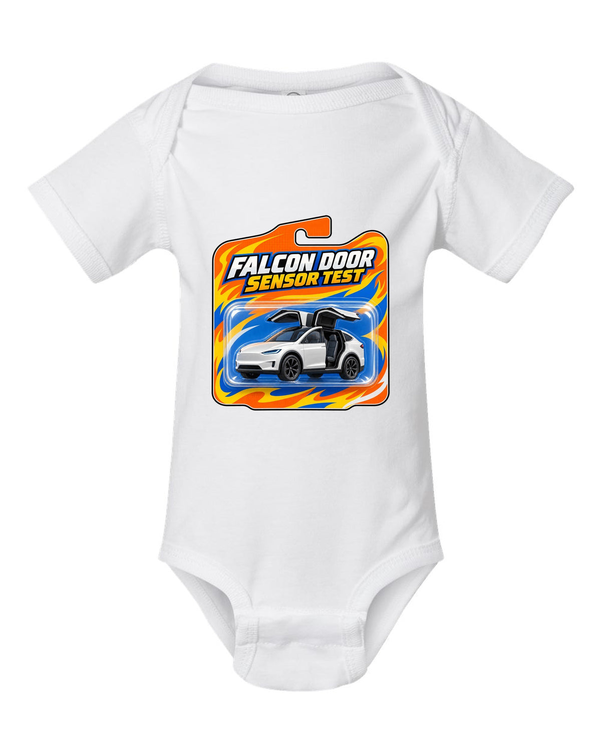 Toy blister card style print of a Tesla Model X reading Falcon Door Sensor Test white baby onesie front view with the design