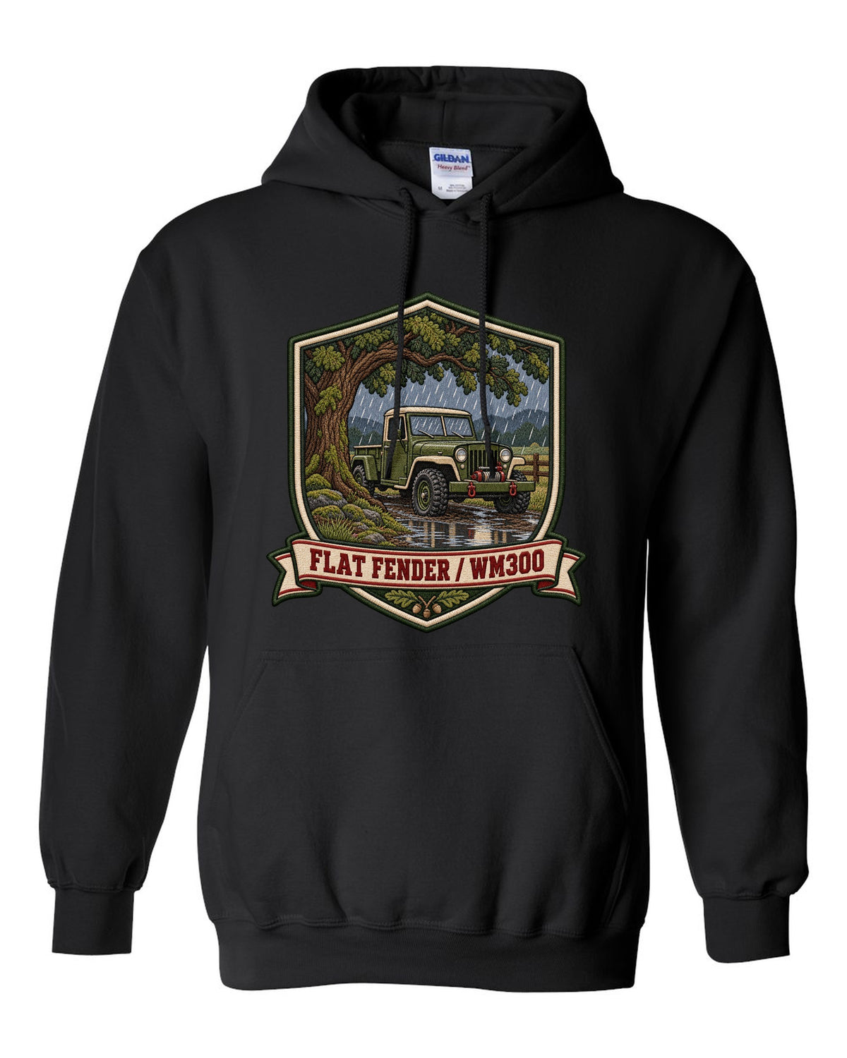 Varsity-style embroidered crest print of a Dodge Power Wagon WM300 flat fender black pull over hoodie front view with the design
