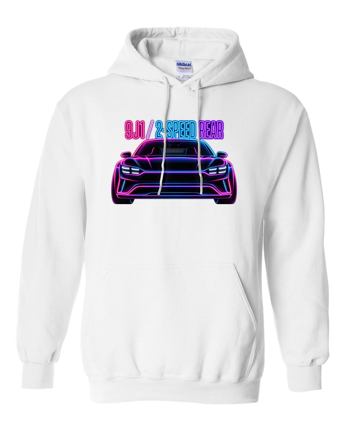Porsche Taycan Turbo S 9J1 neon outline print with the text 9J1 2-speed rear white pull over hoodie front view with the design