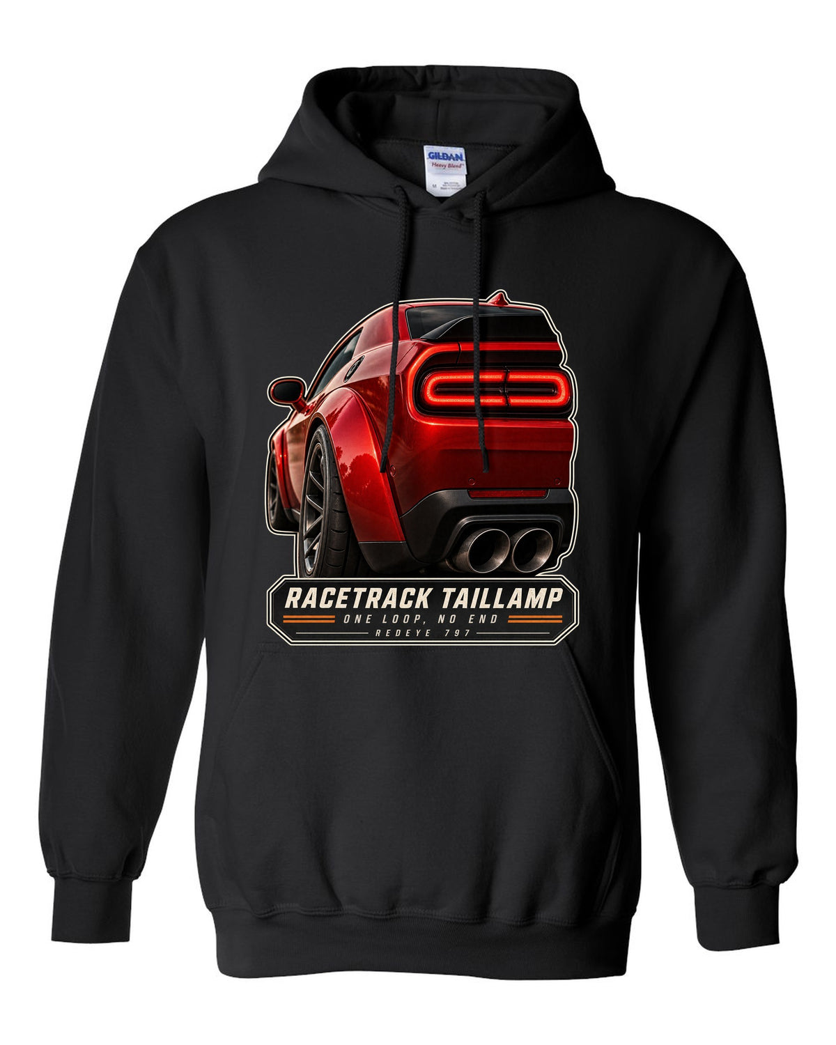 Dodge Challenger Hellcat Redeye Widebody racetrack taillamp macro print black pull over hoodie front view with the design