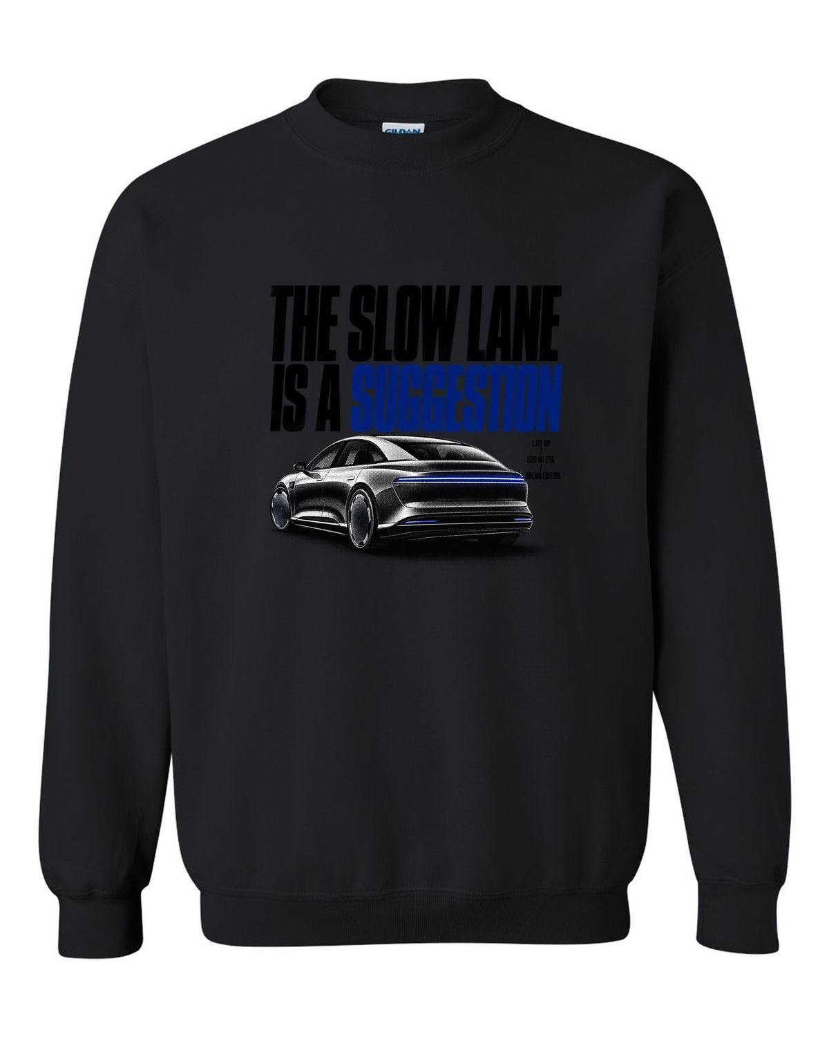 Halftone Lucid Air Dream Edition 2021 with the slow lane is a suggestion, 1,111 HP, 520 mi EPA black crewneck front view with the design