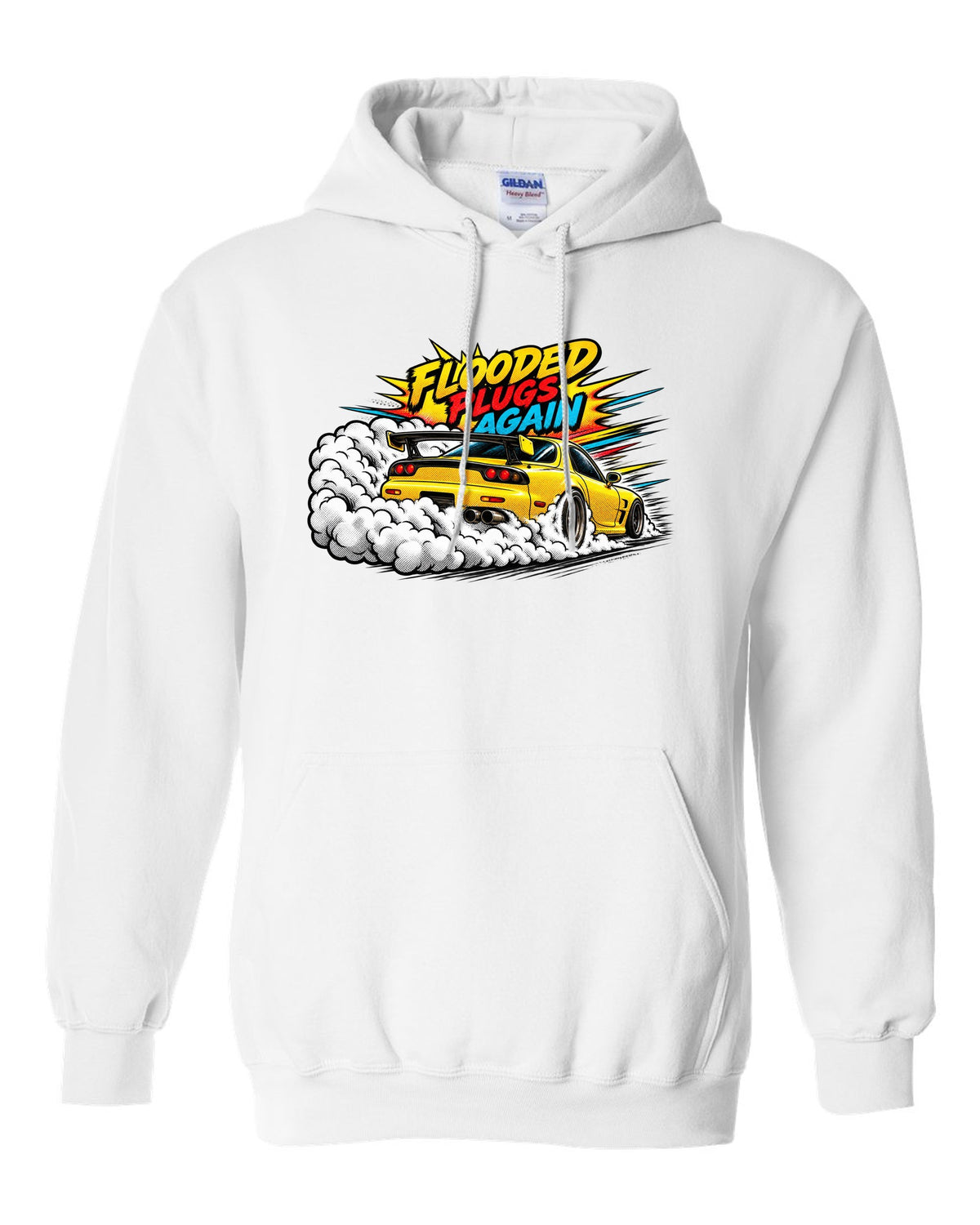 Comic halftone pop art print of a Mazda RX-7 FD3S with text Flooded, Plugs, Again white pull over hoodie front view with the design