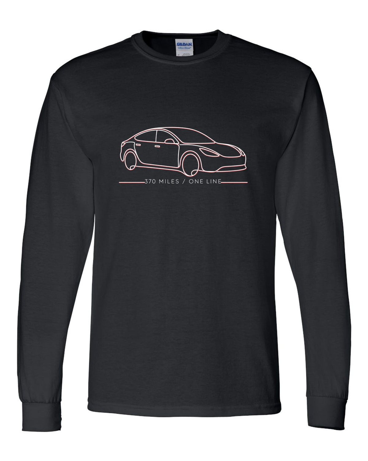 Continuous single-line contour drawing of a 2019 Tesla Model S Raven with the words 370 Miles One Line black long sleeve front view with the design