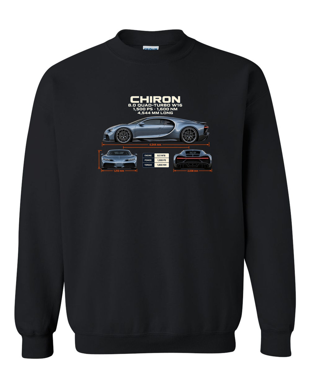 Three-view drawing and spec table of a Bugatti Chiron on the front of a tee black crewneck front view with the design