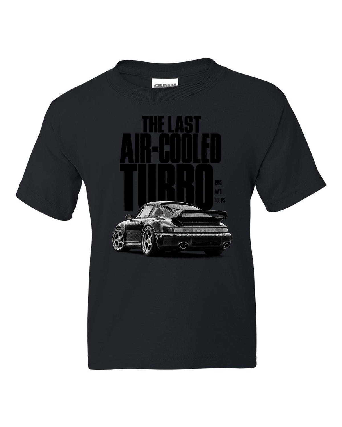 Halftone print of the Porsche 911 Turbo (993) with the line The Last Air-Cooled Turbo black kids tee front view with the design