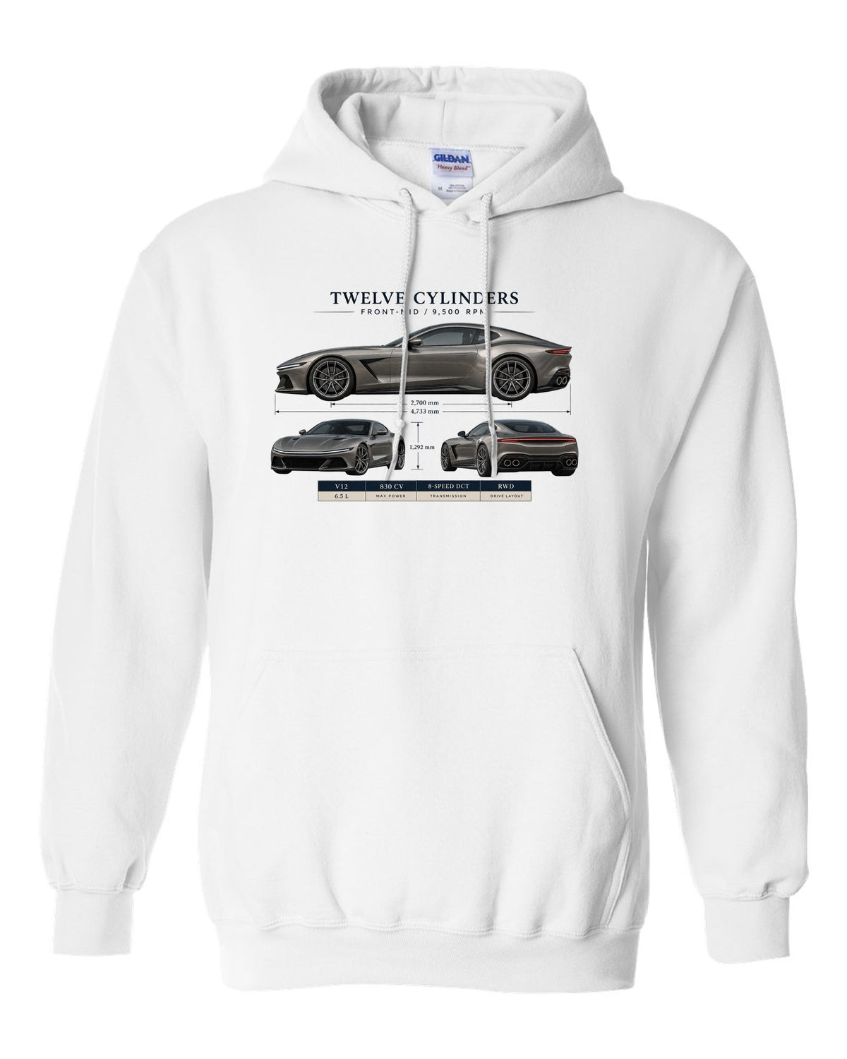 Three-view spec sheet print of the Ferrari 12Cilindri on a tee white pull over hoodie front view with the design