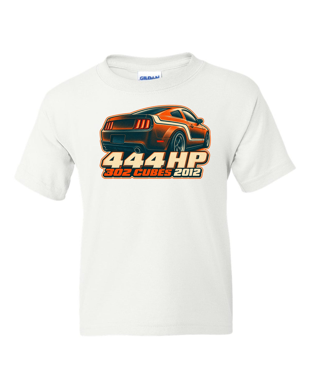 Risograph halftone stripe macro of a 2005-2014 S197 Ford Mustang with 444 HP text white kids tee front view with the design