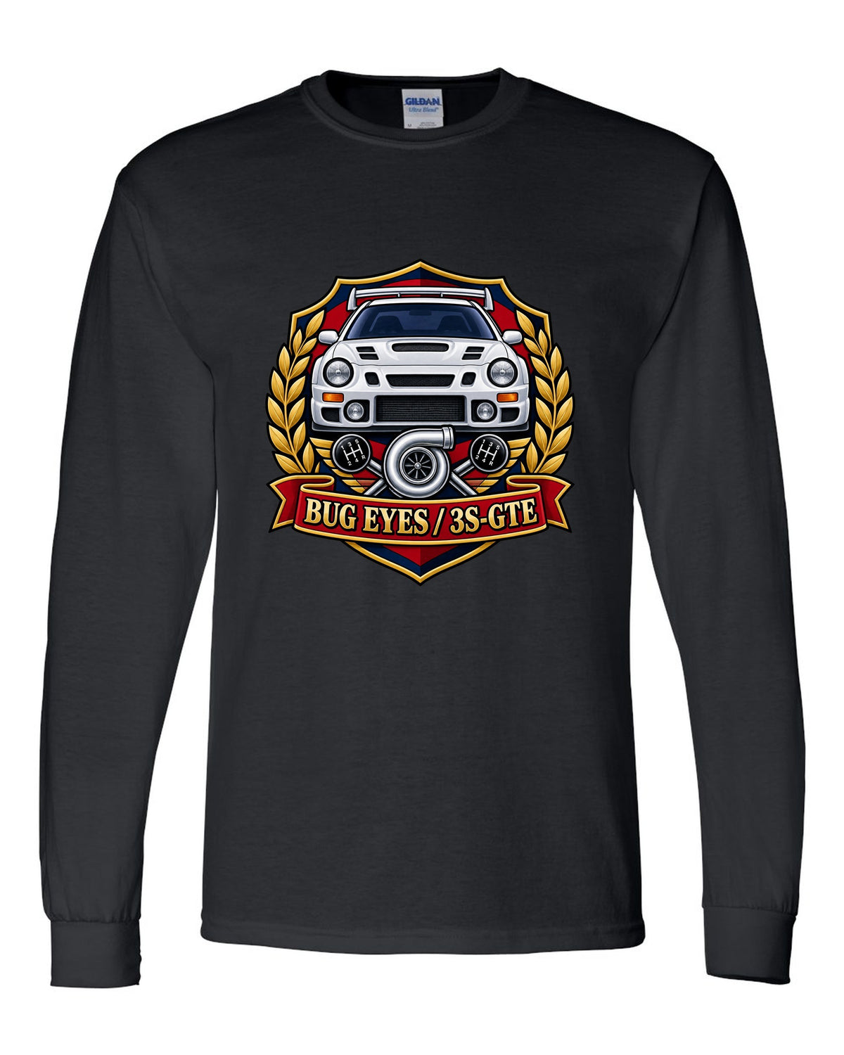 Rally crest of a Toyota Celica GT-Four ST205 with Bug Eyes and 3S-GTE lettering black long sleeve front view with the design