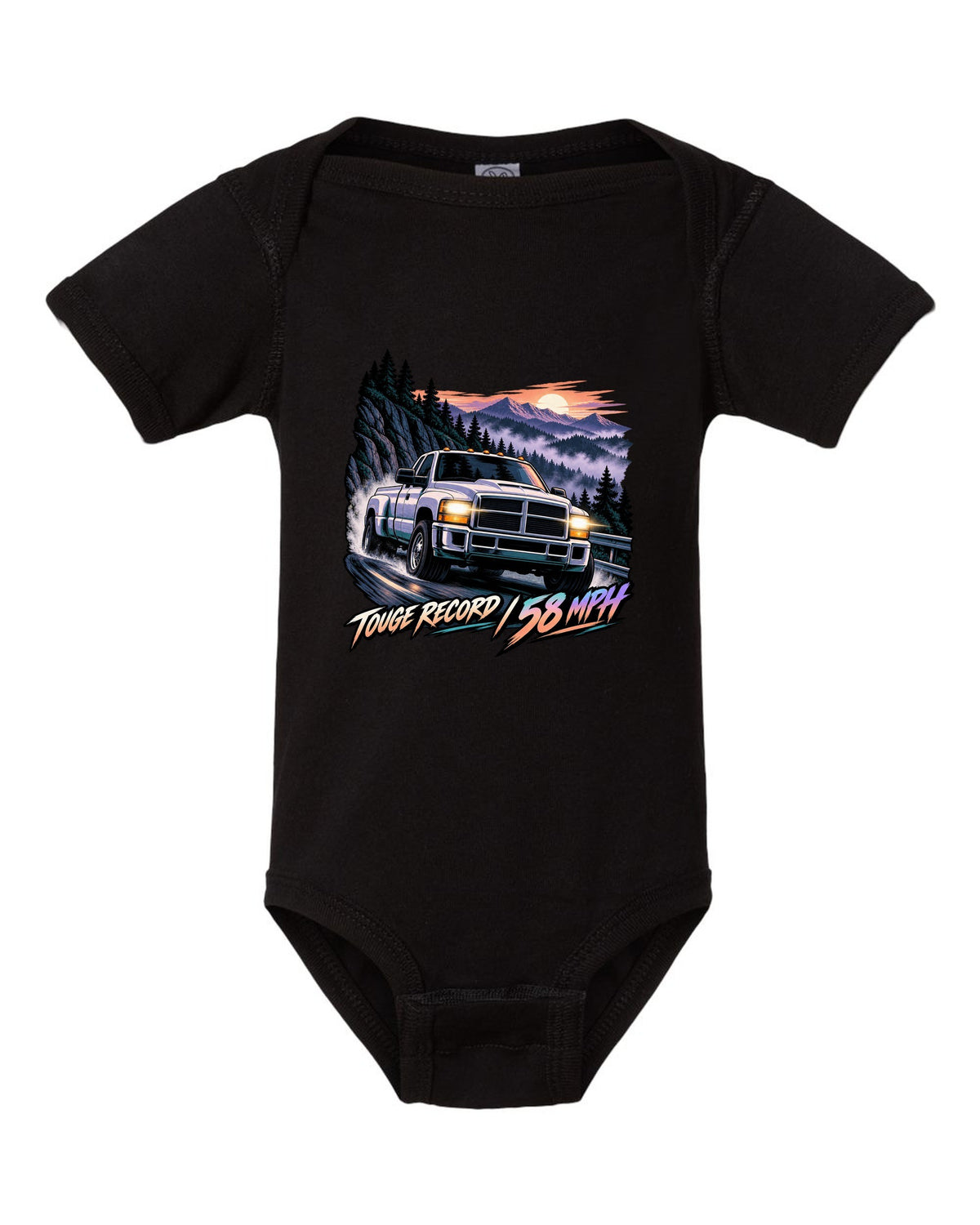 Cel-shaded anime night touge print of a 1994-1998 Dodge Ram 2500 12V Cummins black baby onesie front view with the design