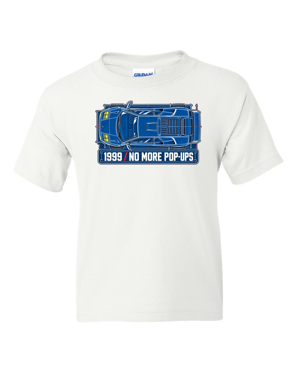 Cyanotype blueprint of a 1999 facelift Lamborghini Diablo with no more pop-ups lettering white kids tee front view with the design