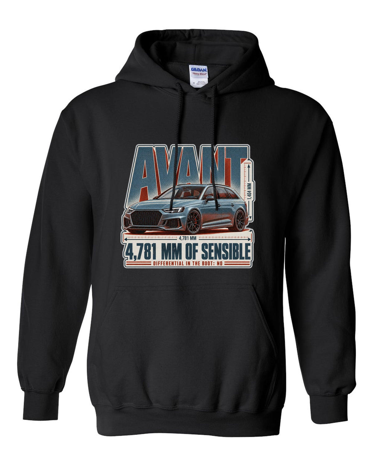 Audi RS4 Avant B9 halftone statement print with wagon text black pull over hoodie front view with the design