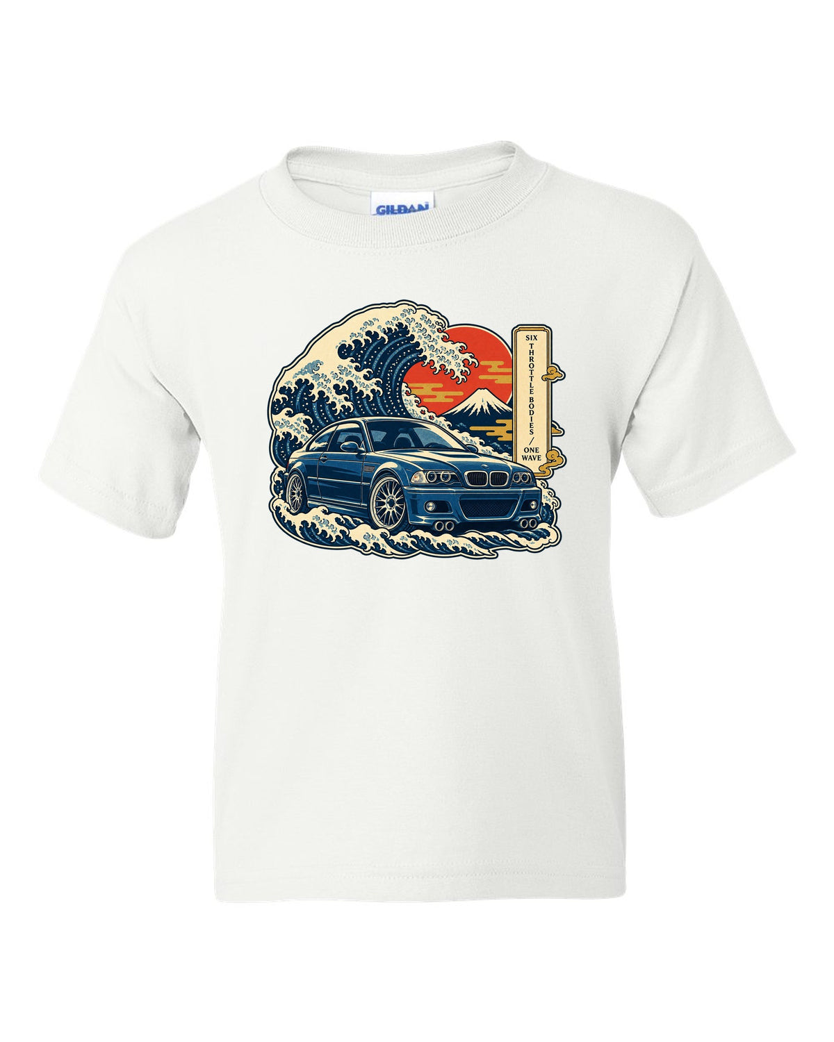 Ukiyo-e woodblock style print of a BMW E46 M3 coupe with six throttle bodies one wave text white kids tee front view with the design