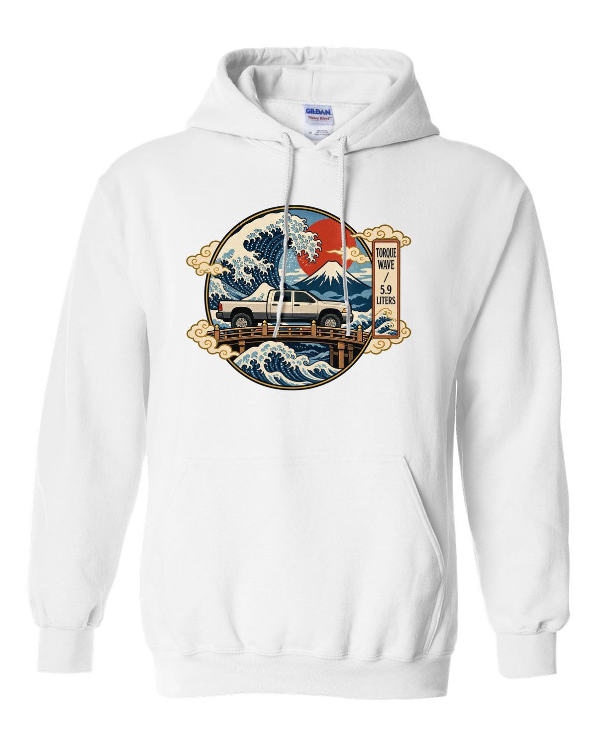 Ukiyo-e woodblock style print of a 2003-2009 Dodge Ram 2500 Cummins with torque wave 5.9 liters text white pull over hoodie front view with the design