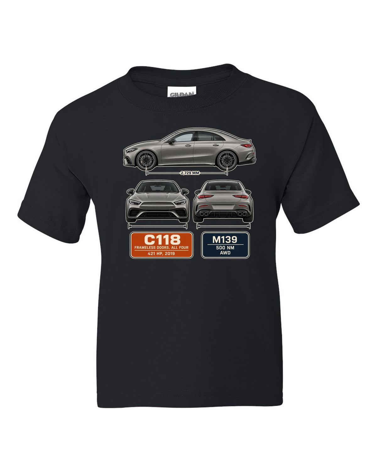 Mercedes-AMG CLA 45 S C118 four-door coupe three-view spec print black kids tee front view with the design