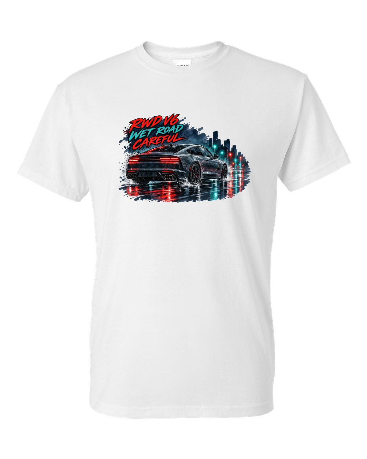 Watercolour wet-road night print of a Kia Stinger GT CK with RWD V6 wet road careful text white t-shirt front view with the design